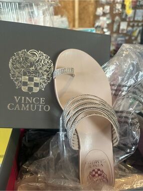 Vince Camuto Blush Pink Rhinestone Multi-Strap Slide Sandals